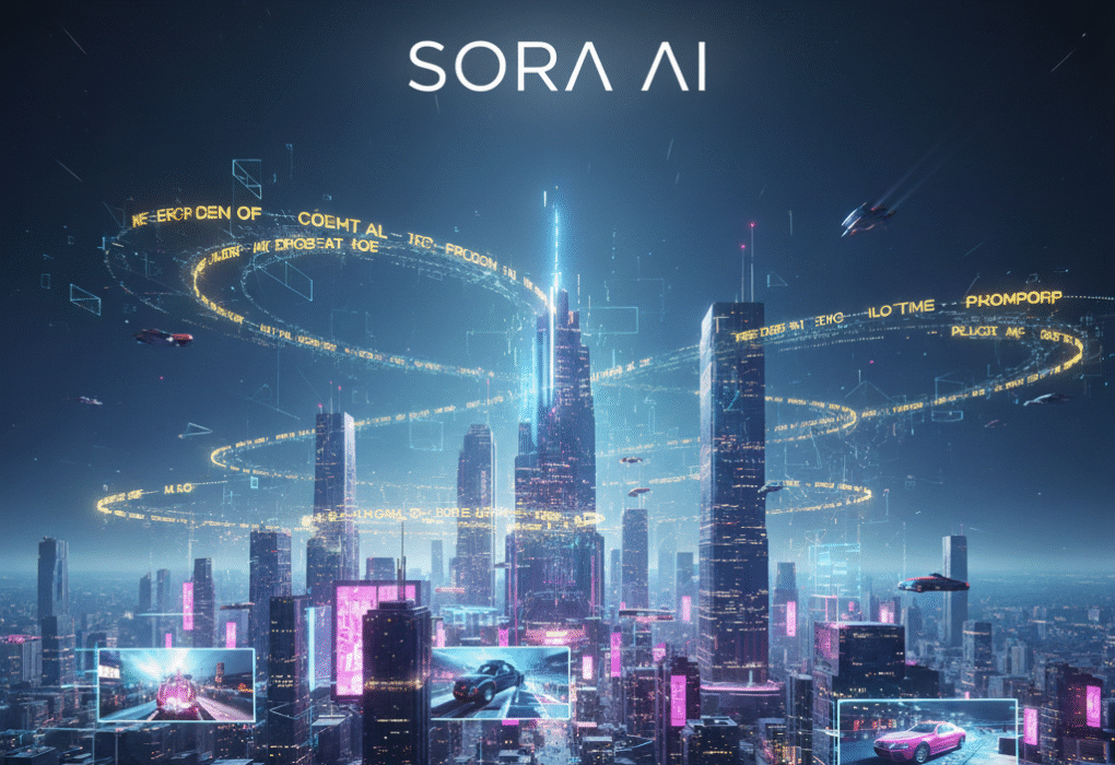 Futuristic cityscape emerging from glowing AI text prompts with 'SORA AI' text