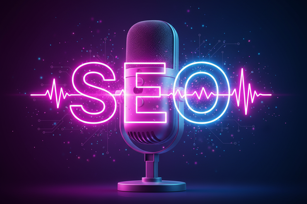 “Voice search SEO visual — sound waves forming SEO letters.”