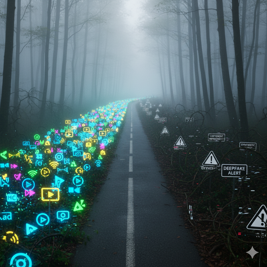 Divided forest road: one side vibrant with glowing video icons, the other dark with copyright and deepfake warnings.