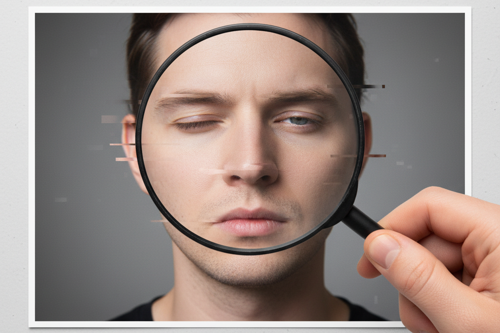 Visual guide for identifying deepfakes: a magnifying glass reveals digital inconsistencies on a man's face, with text "Deepfake Detection Tips".