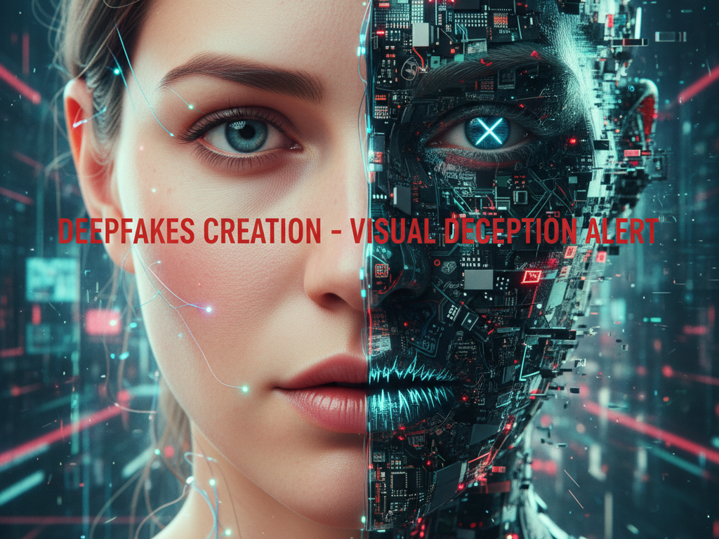 Half human, half digital face representing deepfakes creation with "Visual Deception Alert" warning