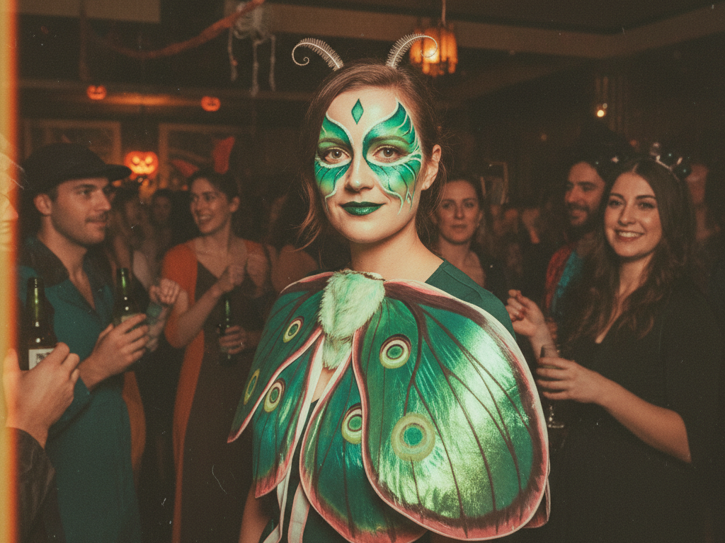 A woman at a Halloween party wearing a creative and vibrant luna moth Halloween costume with intricate green Halloween makeup and large, shimmering wings. This unique Halloween makeup and costume idea is perfect for Halloween 2023 and showcases trendy Halloween looks. The photo has a retro, film-like aesthetic, capturing the festive Halloween atmosphere.