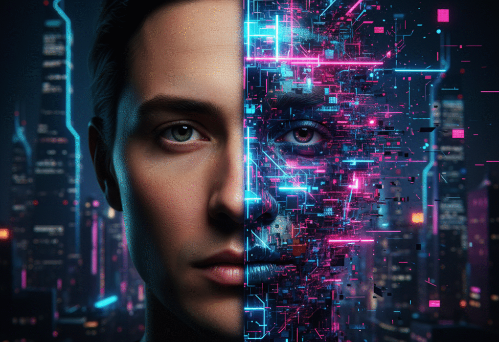 Deepfakes Unveiled: How They’re Made, Why They’re a Threat in 2025 half human face, half AI glitch art with cyberpunk city lights, representing deepfake technology and digital transformation