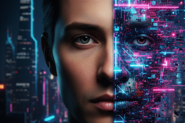 half human face, half AI glitch art with cyberpunk city lights, representing deepfake technology and digital transformation