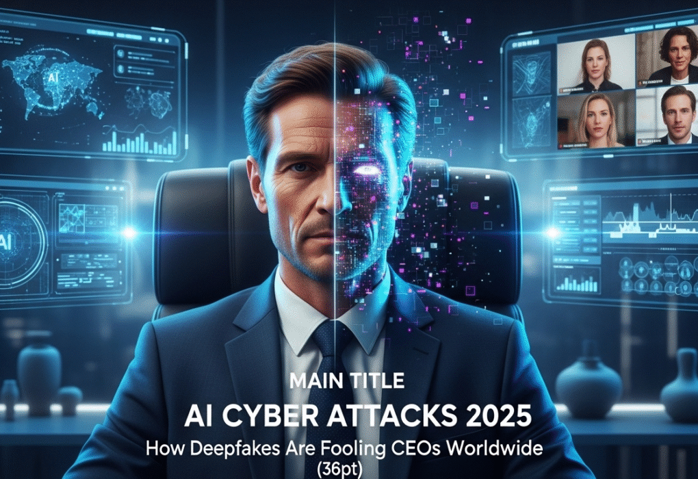 CEO facing their own AI-generated deepfake clone during a video call — symbolizing AI cyber attacks and deception in 2025