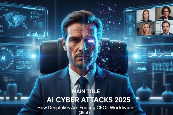 CEO facing their own AI-generated deepfake clone during a video call — symbolizing AI cyber attacks and deception in 2025