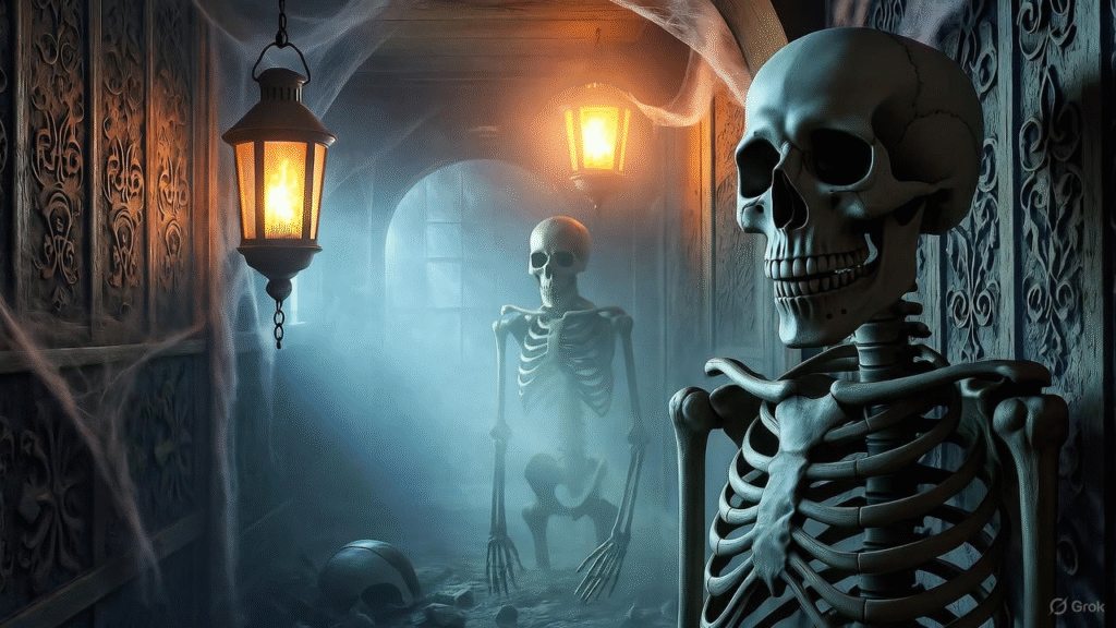 Inside a haunted house attraction with fog and spooky lighting
