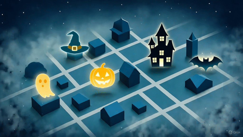 Map view showing local haunted houses for Halloween 2025.