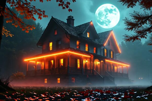“Haunted house at night with glowing Halloween lights and mist – local Halloween 2025 theme.”