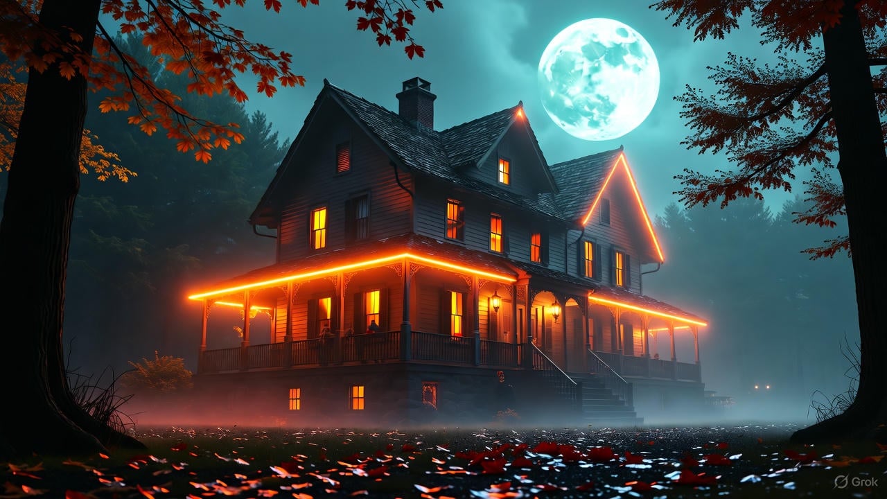 “Haunted house at night with glowing Halloween lights and mist – local Halloween 2025 theme.”