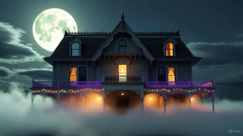 Cinematic Halloween haunted house at night with fog and moon
