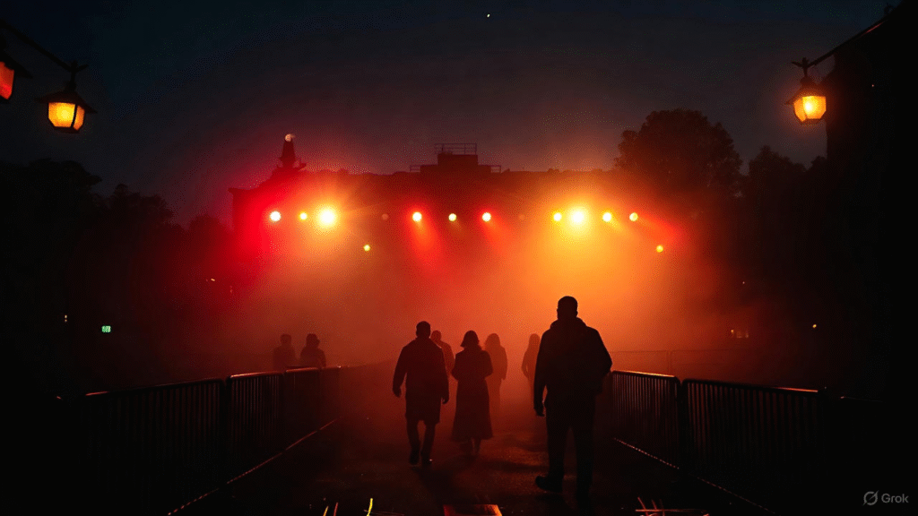 Halloween Horror Nights 2025 finale scene with fog and lights.